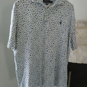 Polo by Ralph Lauren Men's White and Blue Patterned Polo